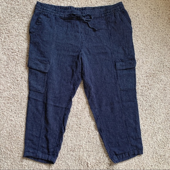 Cropped linen pinstripe elastic waist cargo pants XL - Picture 3 of 6